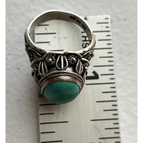 Signed BJ .925 Sterling Silver & Green Turquoise Ornate Statement Ring Size 11 - Picture 4 of 6